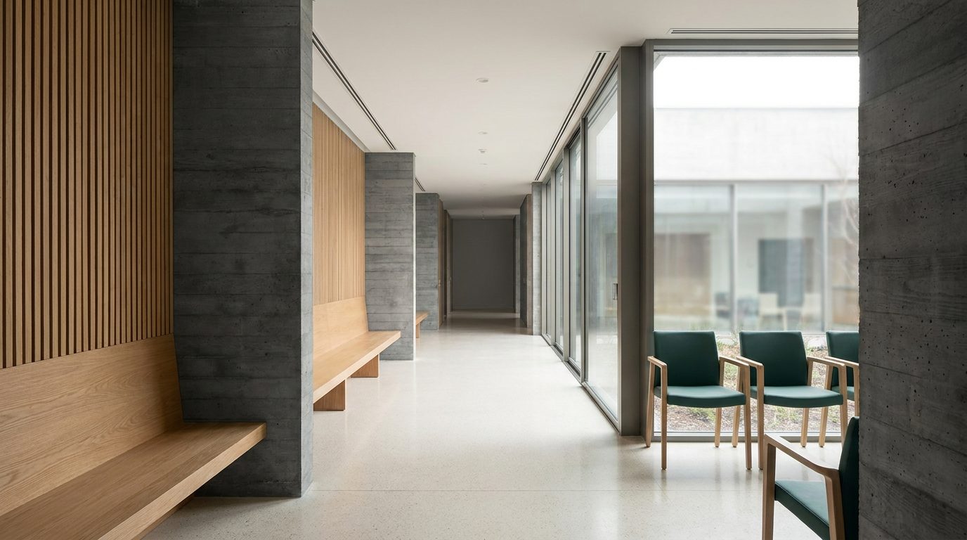 Empty, light-filled waiting corridor in a modern healthcare facility.