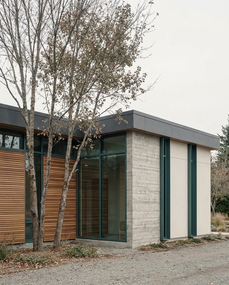 Architectural exterior of a modern outpatient healthcare facility at dusk.