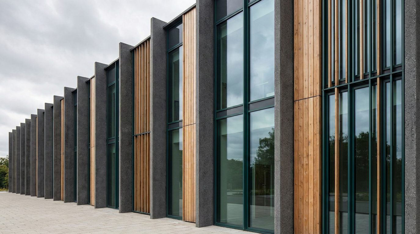 Abstract architectural detail of a contemporary medical building facade.